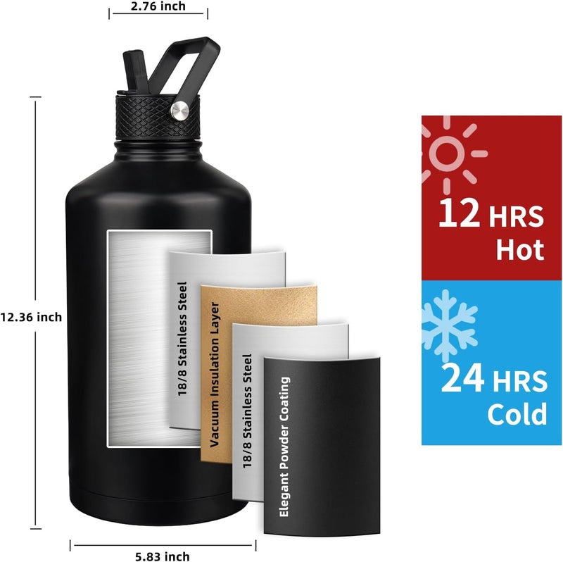 YONICOER Insulated Water Bottle 128oz,Triple Wall Vacuum Stainless Steel(Dishwasher Safe),Leak Proof & Non-BPA,Flask Jug with Paracord Handle & Straw Spout Lids Sports Black - Image 2